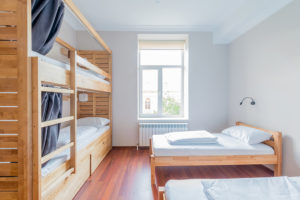 Hostel dormitory beds arranged in room